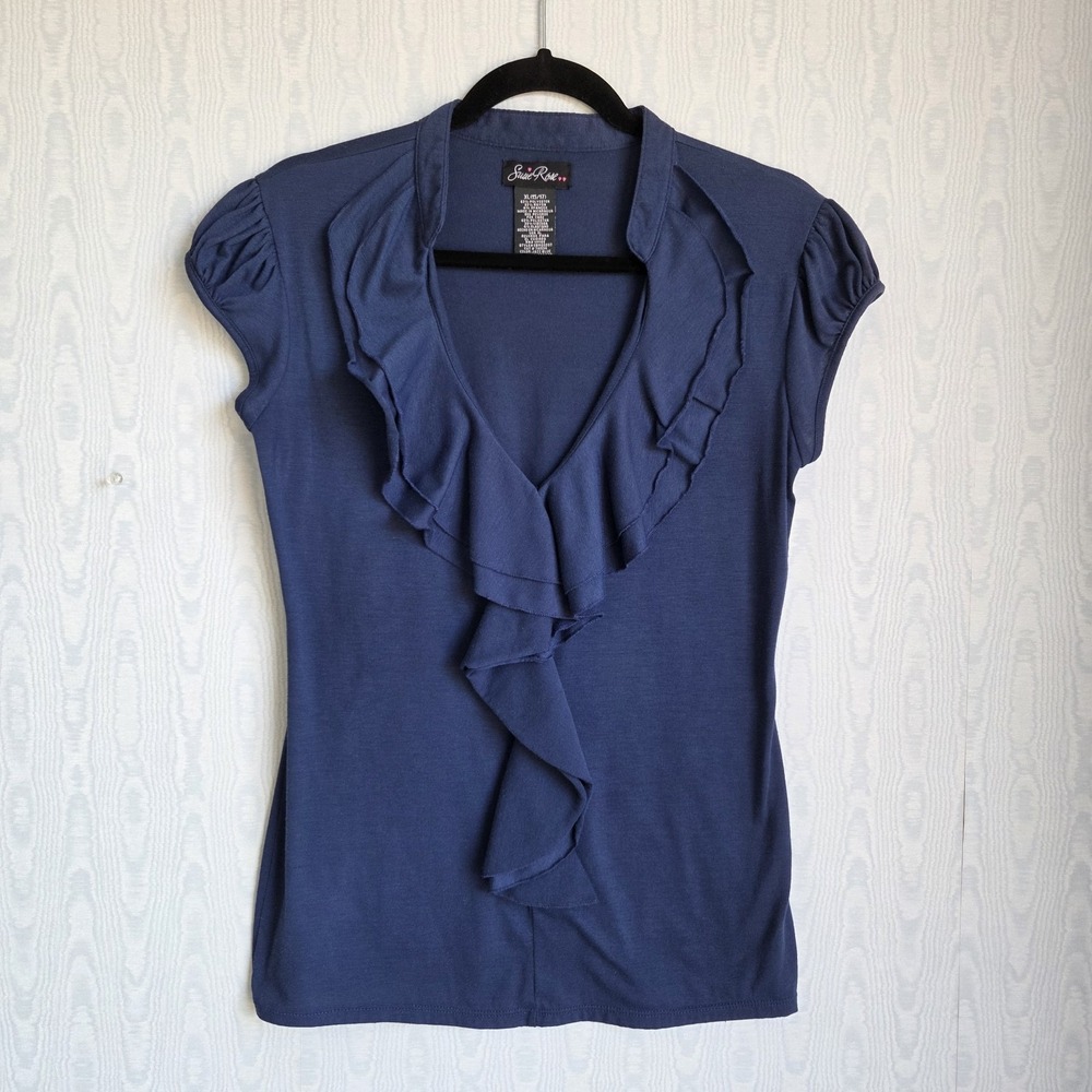 Vtg Y2K Women's L Susie Rose Blouse Cap Puff Sleeve Ruffle Front V‎ Neck Navy